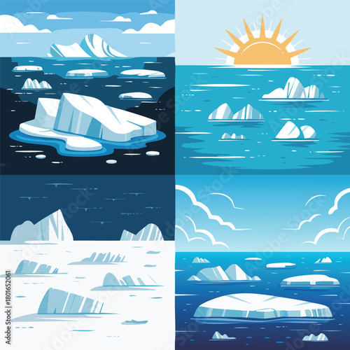 Artistic depiction of diverse glacial landscapes, showing icebergs, oceans, and varying weather scenarios