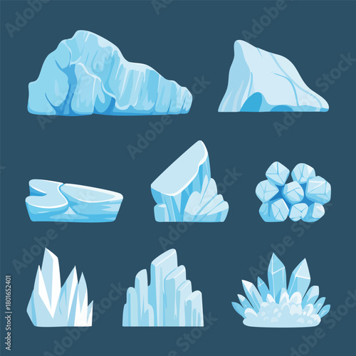 A diverse collection of stylized blue ice formations, featuring arctic icebergs, frozen blocks, and crystal shards in a 2D illustration set