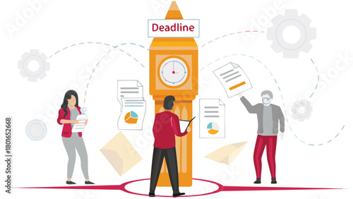 Diverse team of professionals collaborating on a project with a prominent clock tower in the background symbolizing time and deadlines