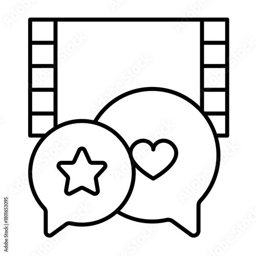 Movie positive review thin line icon, positive review concept. Vector graphics. Film popup bubbles with star and heart shape sign on white background, style icon mobile or web design.
