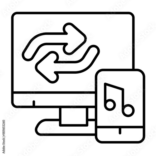 Monitor and music player device thin line icon, data hoarding concept. Vector graphics. Music library files sync and sharing sign on white background, style icon mobile or web design.