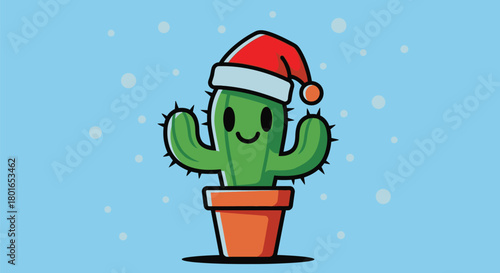 Cute cactus wearing Santa hat with snowfall for holiday cheer
