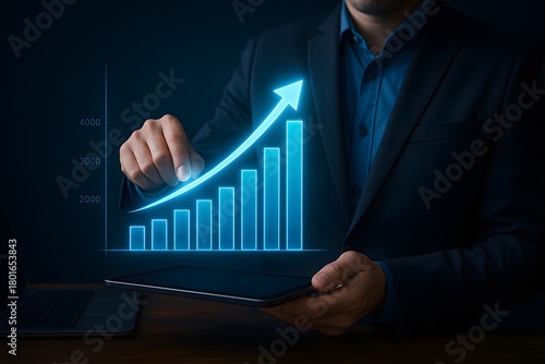 Executive presenting strong business growth with digital analytics and kpis