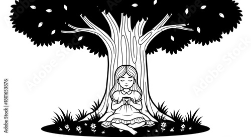 Serene girl enjoying peaceful moment with coffee under a shady tree