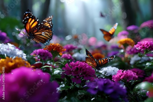 Colorful butterflies fluttering among vibrant flowers in a sunlit forest