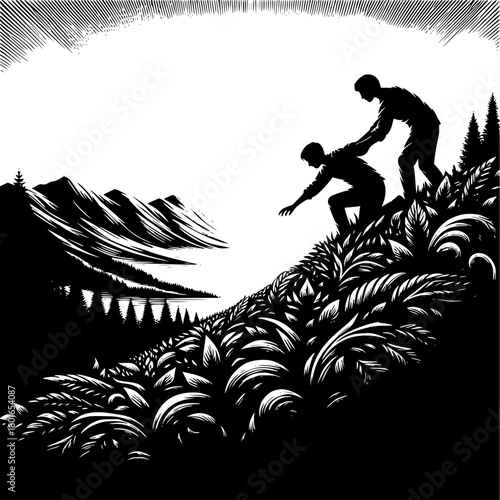 Climbing Together: Two individuals assisting each other to ascend a steep hill, amidst rugged mountain terrain.