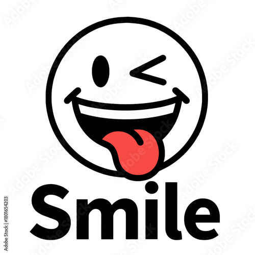 Playful smiling face with a red tongue sticking out and stylized text
