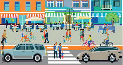 Stadt-Bewohner,  Menschengruppen in der Freizeit im Wohnviertel mit Gastronomie, Illustration Adobe Illustrator Artwork