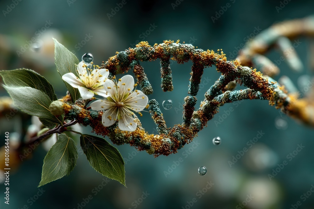 Naklejka premium DNA double helix formed from leaves and white flowers, blending science, nature, and art