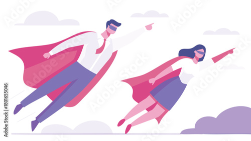 Two masked superheroes in flight against a vibrant pastel sky symbolizing adventure heroism and freedom in a stylized graphic design