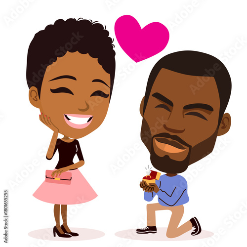 Cute cartoon vector illustration of a man proposing to a woman on one knee, isolated on white background. Clip art for wedding invitations and engagement announcements