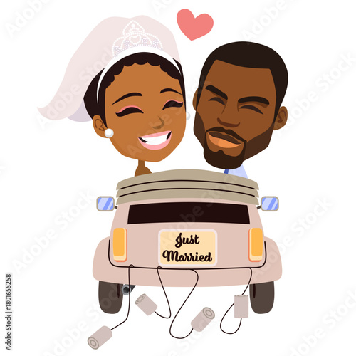 Cute cartoon vector illustration of a young couple riding an elegant wedding car with “Just Married” text, isolated on white background. Clip art for wedding invitations and event decorations