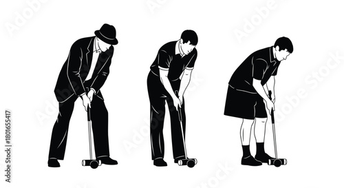 Classic croquet players in monochrome elegance, striking poses outdoors