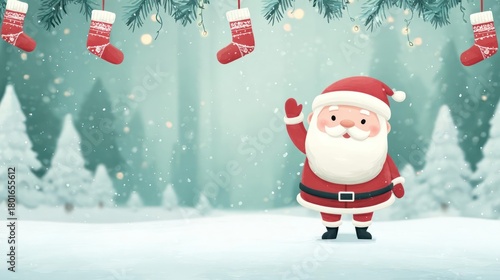 Joyful cartoon santa claus waving hello in a snowy winter forest decorated with festive christmas stockings