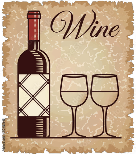 Vintage wine bottle and glasses illustration