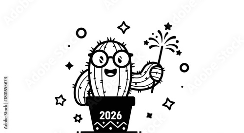 Celebrate 2026 with a fun cartoon cactus holding sparklers and stars