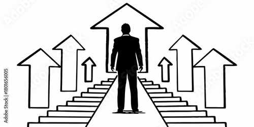 A man in a suit climbing steps with arrows pointing upwards symbolizing career advancement and success vision
