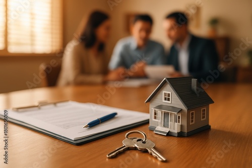 Real estate transaction concept with house model, keys, and contract documents on wooden table, symbolizing homeownership, mortgage signing, and property purchase.
