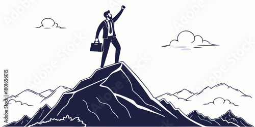 A man in a suit standing atop a mountain peak with his fist raised in the air holding a briefcase up high