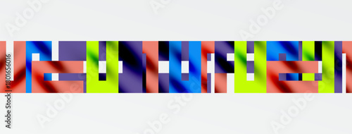 Abstract geometric shapes, vibrant colors, horizontal arrangement. Minimalist design, clean lines, modern aesthetic. Bright palette, simple forms.