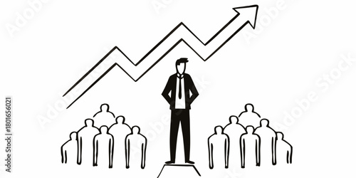 Illustration of a businessman standing before a crowd with an upward trending arrow behind him