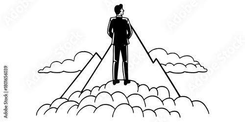 A man in a suit standing on a mountain peak surrounded by clouds looking into the distance in black and white