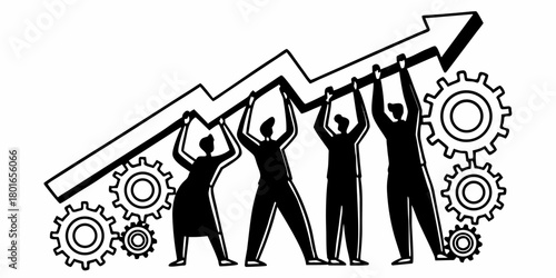Silhouetted figures lifting an upward pointing arrow with gears illustrating teamwork and progress