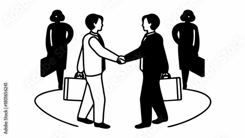 Two businessmen shaking hands with two silhouette figures holding briefcases in the background scene