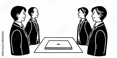 Illustration of a meeting with four business people standing around a square table in black and white