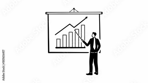 Man presenting a rising bar graph and upward trending line on a presentation board in black and white