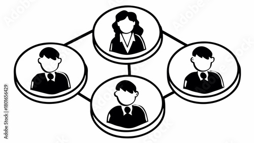Illustration of a network of four people connected by lines in a circular arrangement design concept