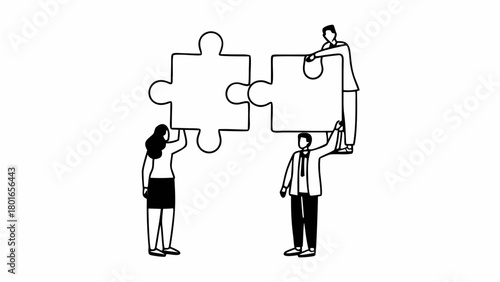 People connecting jigsaw puzzle pieces together in a teamwork and collaboration illustration concept art