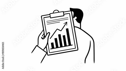 Person holding clipboard with a chart showing upward trend and bar graph data analysis report