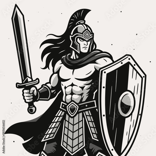 Ancient warrior with sword and shield, bold illustration, isolated