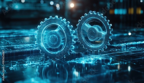 Abstract digital blue gears on a futuristic circuit board, symbolizing technology, engineering, and artificial intelligence innovation.