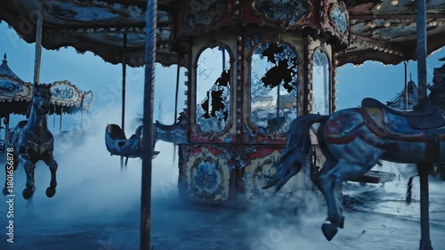 A creepy abandoned carousel slowly moves through thick fog. A dark and mysterious merry-go-round in a post-apocalyptic park. Horror and suspense concept