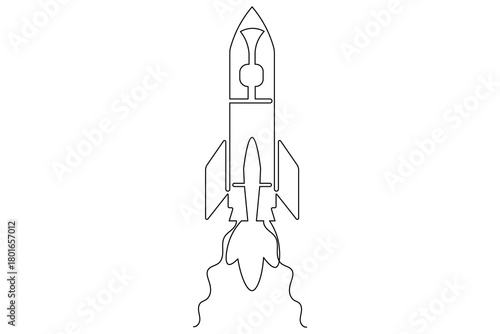 Single line art illustration of classic rocket ship isolated outline