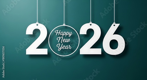 Elegant white numbers 2026 and a circular ornament with the text happy new year hanging on strings against a dark teal background symbolizing the upcoming celebration and festive season