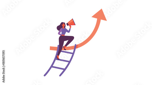 A determined woman clings to a uniquely curved ladder resembling the letter g symbolizing challenges ambition and the pursuit of goals in a dynamic visual