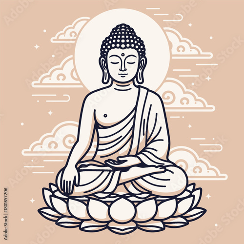 Buddha in meditative pose, minimal vector illustration, serene lotus seat