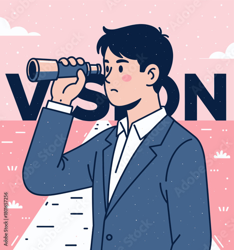Businessman looking through binoculars, minimal vector style, vision concept.