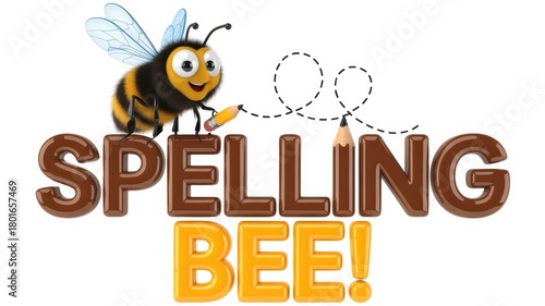 Cheerful 3d cartoon bee with pencils on 'spelling bee!' text