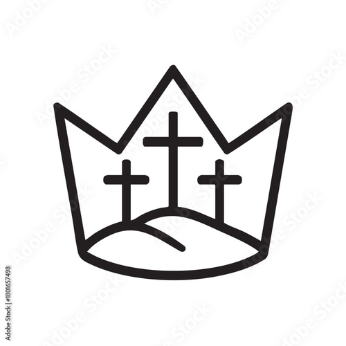 a black and white illustration depicts a crown with three christian crosses inside of it