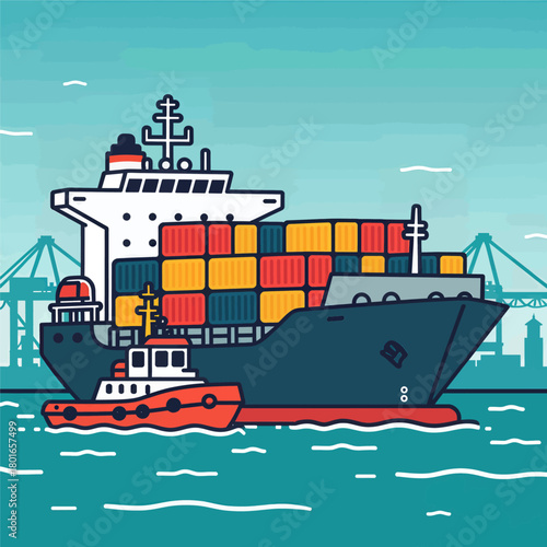 Cargo ship with tugboat illustration, colorful flat design, harbor scene