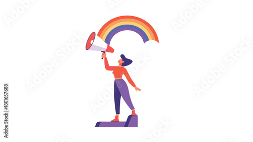 Empowering woman artist with a megaphone paints a vibrant rainbow symbolizing creativity communication and positive change