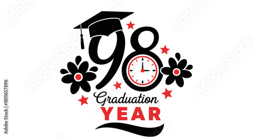 Celebrate 98' graduation with cap, flowers and clock illustration