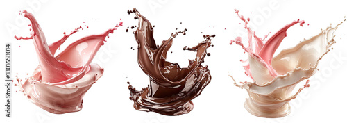 Three colorful liquid splashes, dynamic motion