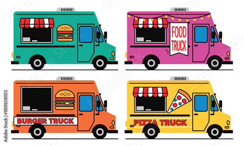 Colorful food truck illustration set, isolated on white background