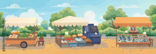 Colorful outdoor market stalls with fresh produce and fish in a park setting
