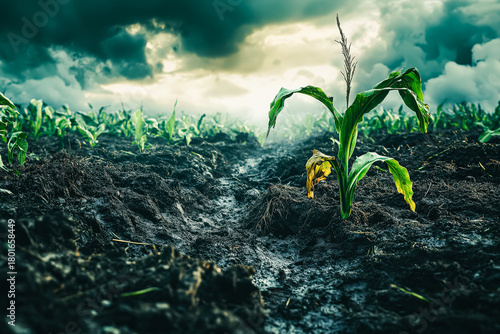 Uprooted corn plant stands alone in a devastated field, surrounded by dark clouds and dramatic lighting, showcasing nature's struggle